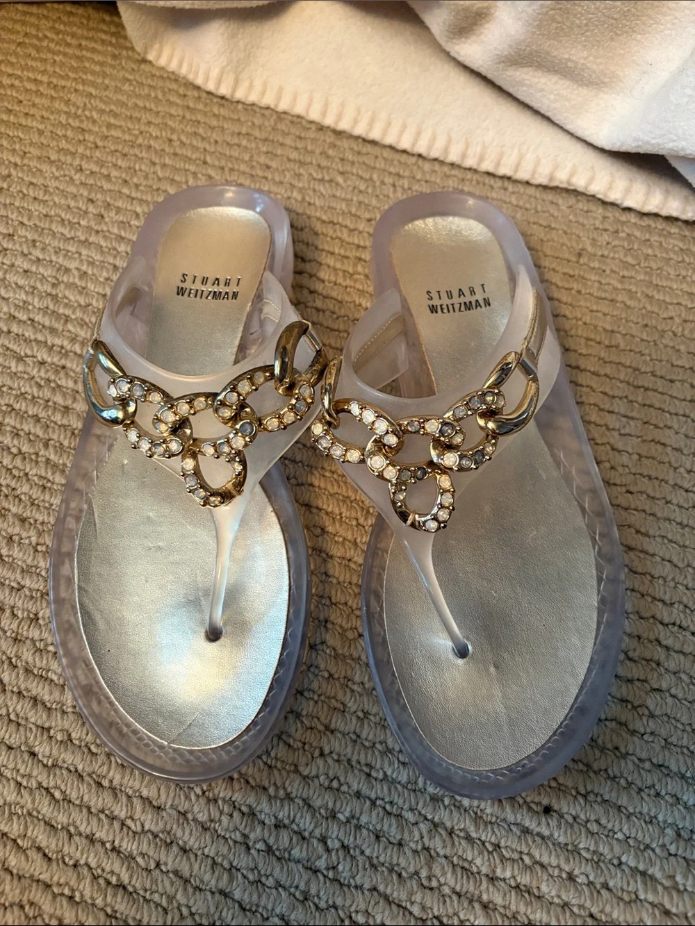 Stuart Weitzman Jelly Sandals with Gold Crystal Chain